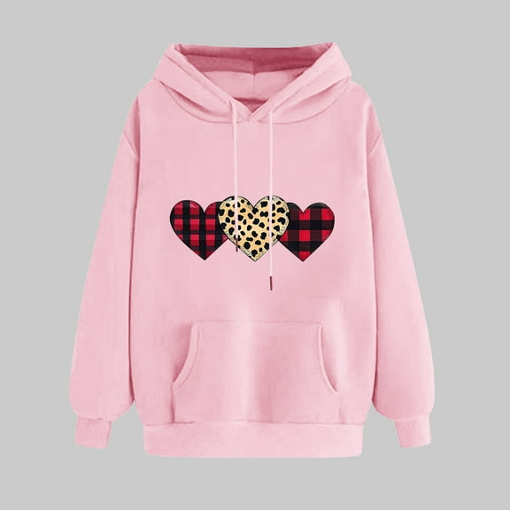 Women's Pink Valentine's Day Hooded Cute Heart Print Pullover Casual Solid Long Sleeve Regular Sweatshirt Tops Pink M