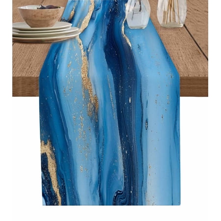 Ldtrchee Blue Marble Table Runner 48 Inches Modern Abstract Ink Painting Ombre Bed Runner Dresser Scarves Tabletop for Indoor Outdoor Parties/Ceremony/Banquet 13 x 48