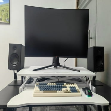 32 inch office desk converter, height adjustable sit stand lifter, dual monitor and laptop workstation, bandwidth keyboard stand, white