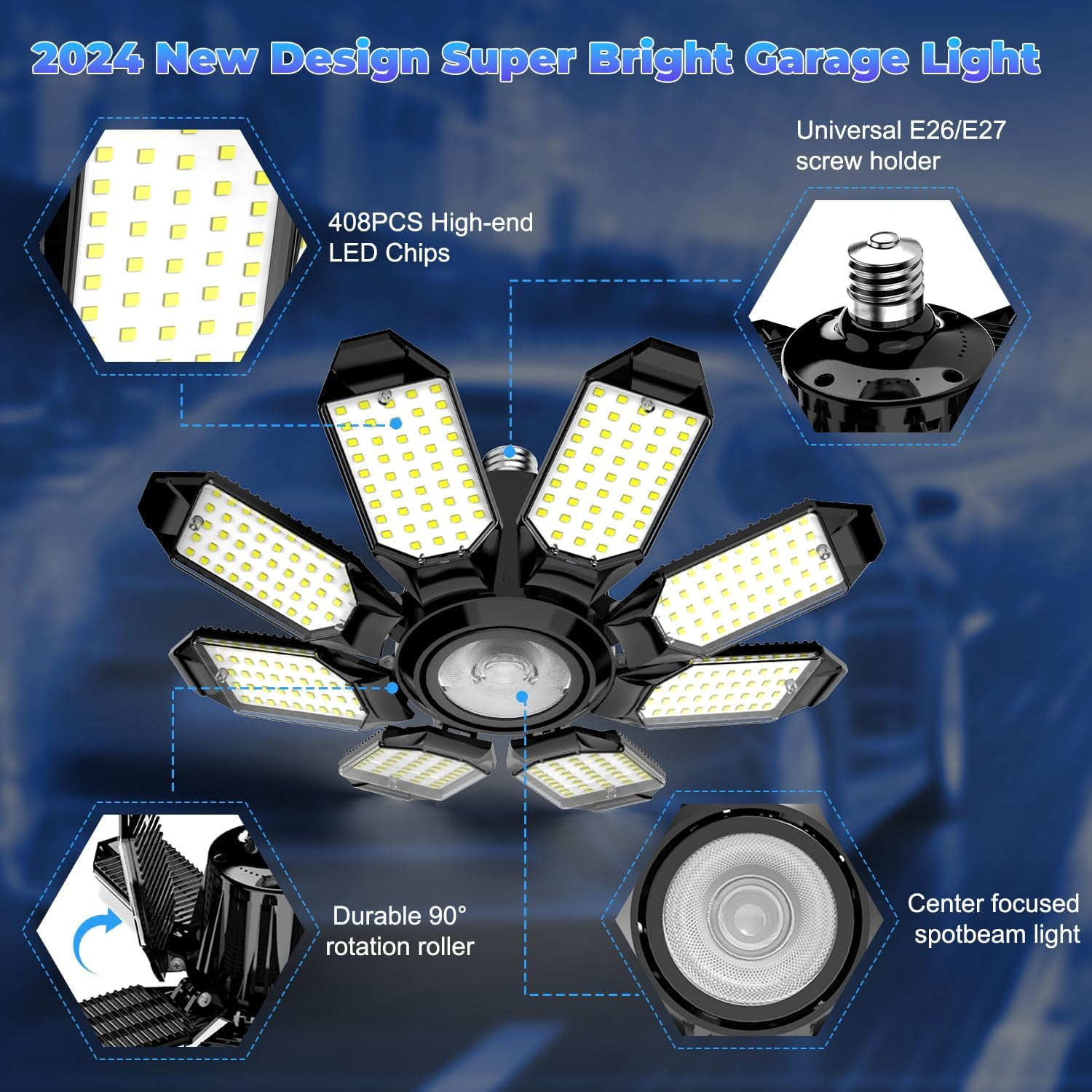 FIWARY LED Garage Light - 2Pack Bright 50000LM Garage Lights Ceiling Led w/ 8 Deformable Panels 6500K Led Light Bulb Srew in E26/E27 Socket with Adjustable Center Spotlight for Barn Workshop Attic