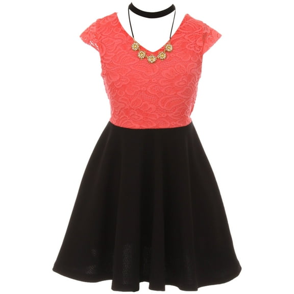 Little Girls Elegant Cap Sleeve Floral Lace Top Neckband Easter Party Flower Girl Dress Coral 2 (2J1K0S7)