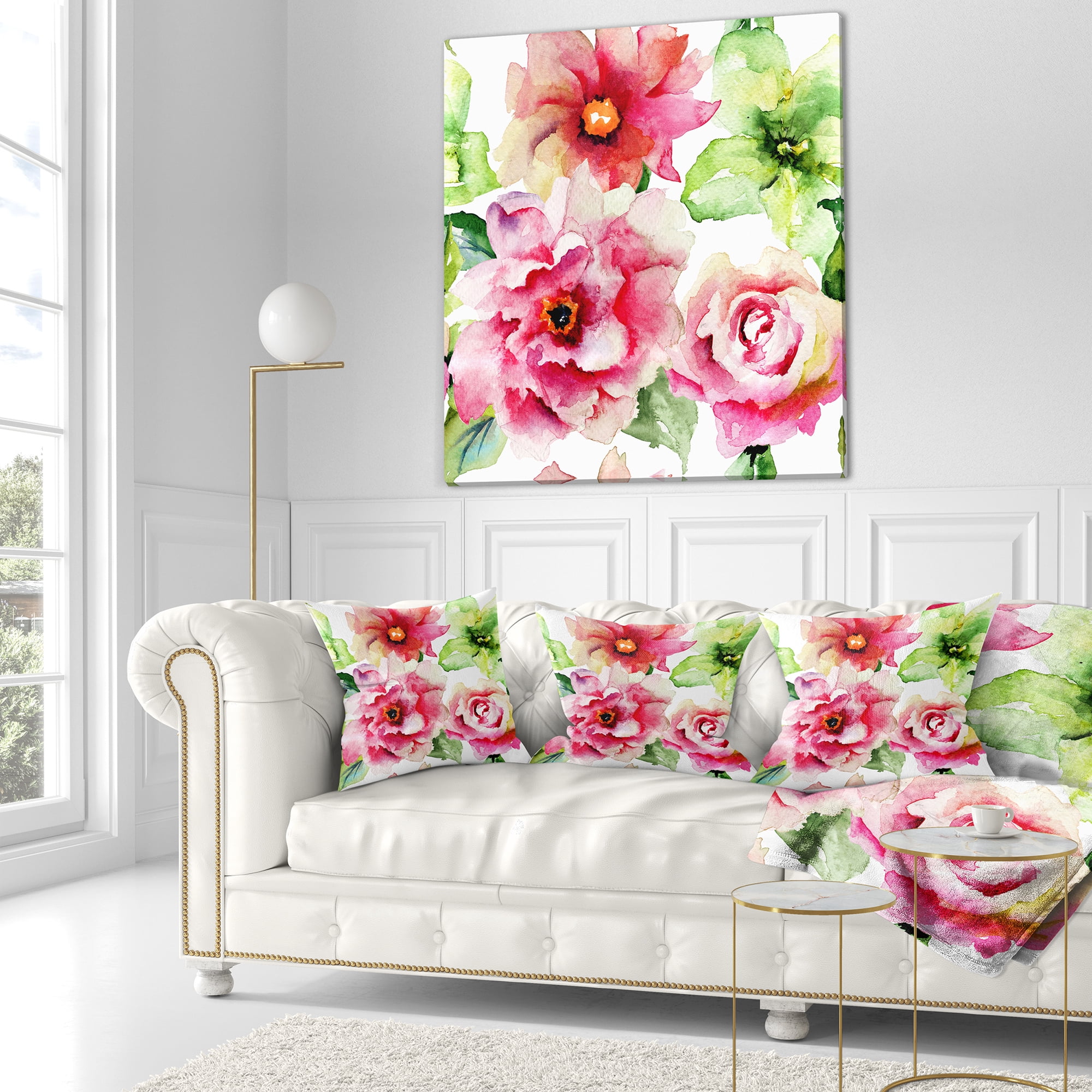 Designart Roses and Gerber Flowers Watercolor - Floral Throw Pillow - 16x16