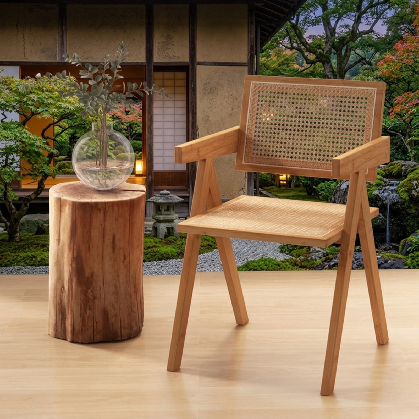 Furnibear Set of 2 Rattan Accent Chairs with Natural Bamboo Frame and Wide Seat for Living Room Dining Room and Kitchen, Natural