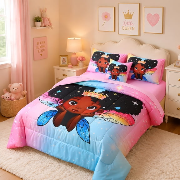 OKKEEY 6-Piece Black Girl Princess Bed in a Bag Twin, African American Magical Comforter Set with Rainbow Wings & Glitter Stars – Kawaii Melanin Bedding for Kids Girls