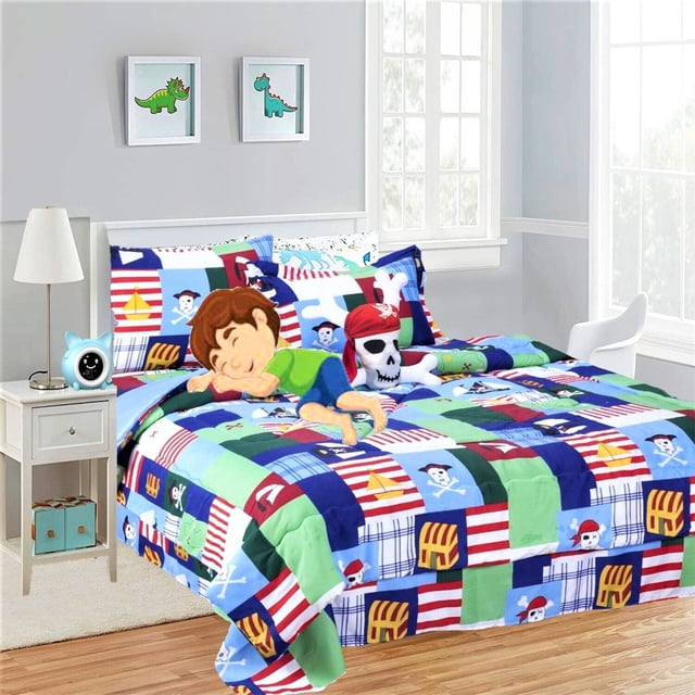 Juego de cama de 6 piezas con edredón y sábanas de piratas gemelos en bolsa para niños y adolescentes