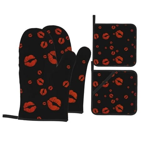 

PUREYAH Oven Mitts And Pot Holders Sets Kitchen Love Red Lips Oven Gloves Hot Pads Heat Resistant 4 Pieces