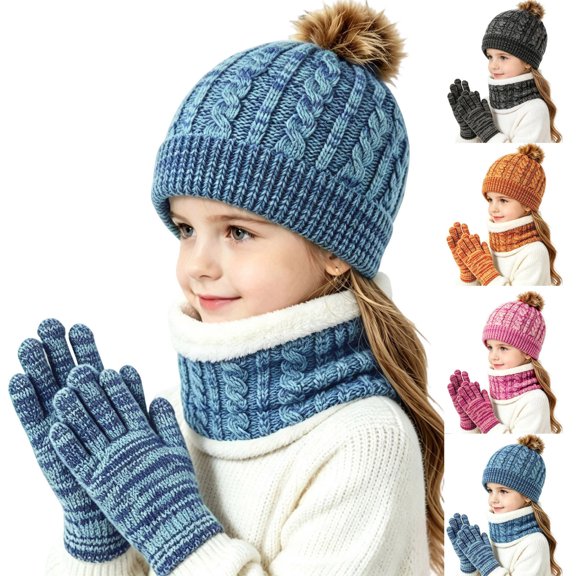 PureCasa Kids Winter Hat Gloves Scarf Set Solid Color Fleece Lined Cable Hat Gloves Scarf Three-Piece Set Kids Winter Holidays Gift