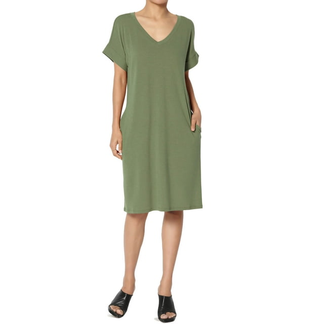 TheMogan Robe T-Shirt à Manches Courtes Col en V avec Poche pour Femmes P-3X
