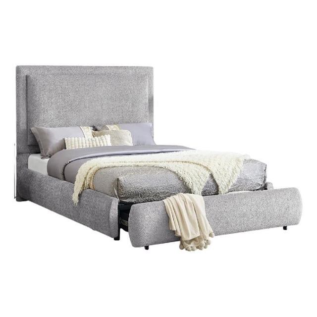 Lit Grand Reby avec Pied de Lit de Rangement - Revêtement en Chenille Gris