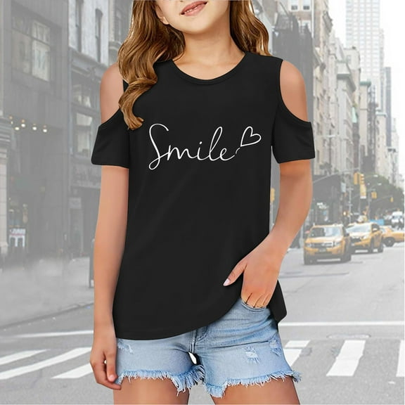 Girls' Tops Kids Short Sleeve Cold Shoulder Print Oversized Tee Girls Clothes Black 3-4 Years