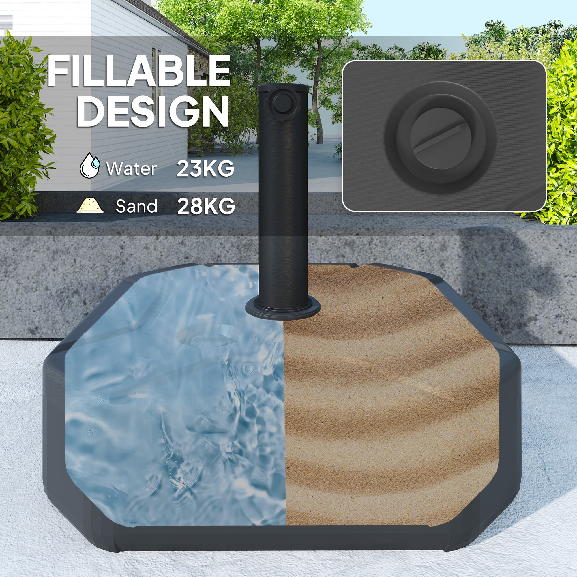 Outsunny Patio Umbrella Base Holder, Outdoor Umbrella Stand Base, Filled Up to 55lbs with Stand or 44lbs with Water for Garden, Poolside, Black