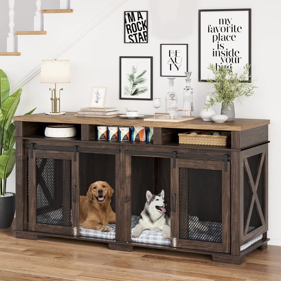 Huloretions Double Dog Crate Furniture,71'' Large Dog Kennel Indoor for 2 Dogs, Heavy Duty Decorative Dog House TV Stand Side Table for Small Medium Large Dogs