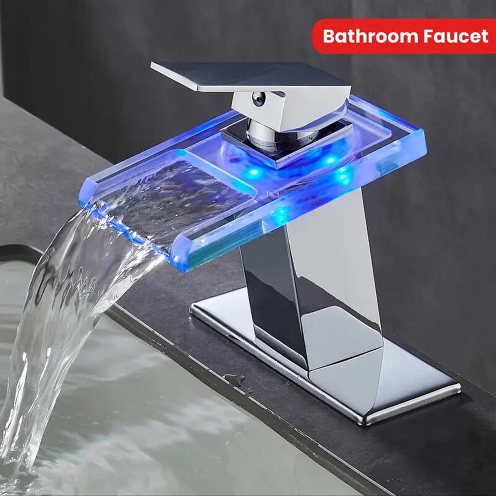 LED Bathroom Sink Faucet Chrome Waterfall Single Hole Handle Vanity Faucet