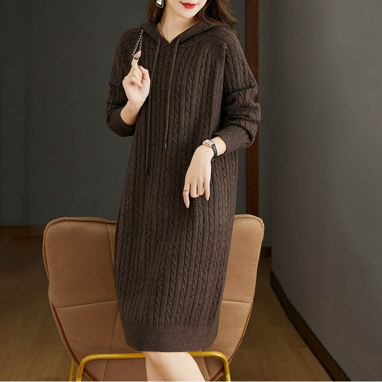 Quinlirra Sweater Dress for Women Trendy Women's Sexy Pullover Thick Hooded  Loose Sweater Women's Knitted Dress Coffee Free Size - Walmart.com
