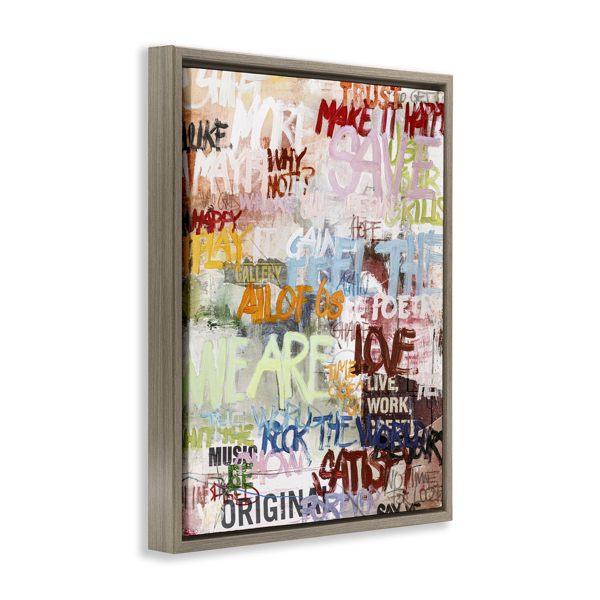 Stupell Industries Modern Graffiti Phrases Abstract Painting Brown Floater Framed Canvas Art Print Wall Art, 17 x 21