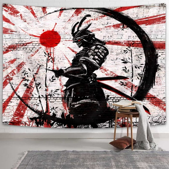 Japanese Anime Samurai Tapestry, Janpan Warrior Red Sun Brick Wall Bamboo Ink Painting for Boys Mens Bedroom Wall Art Decor Tapestries, Red Black Tapestry Wall Hangin for Home Dorm Livingroom