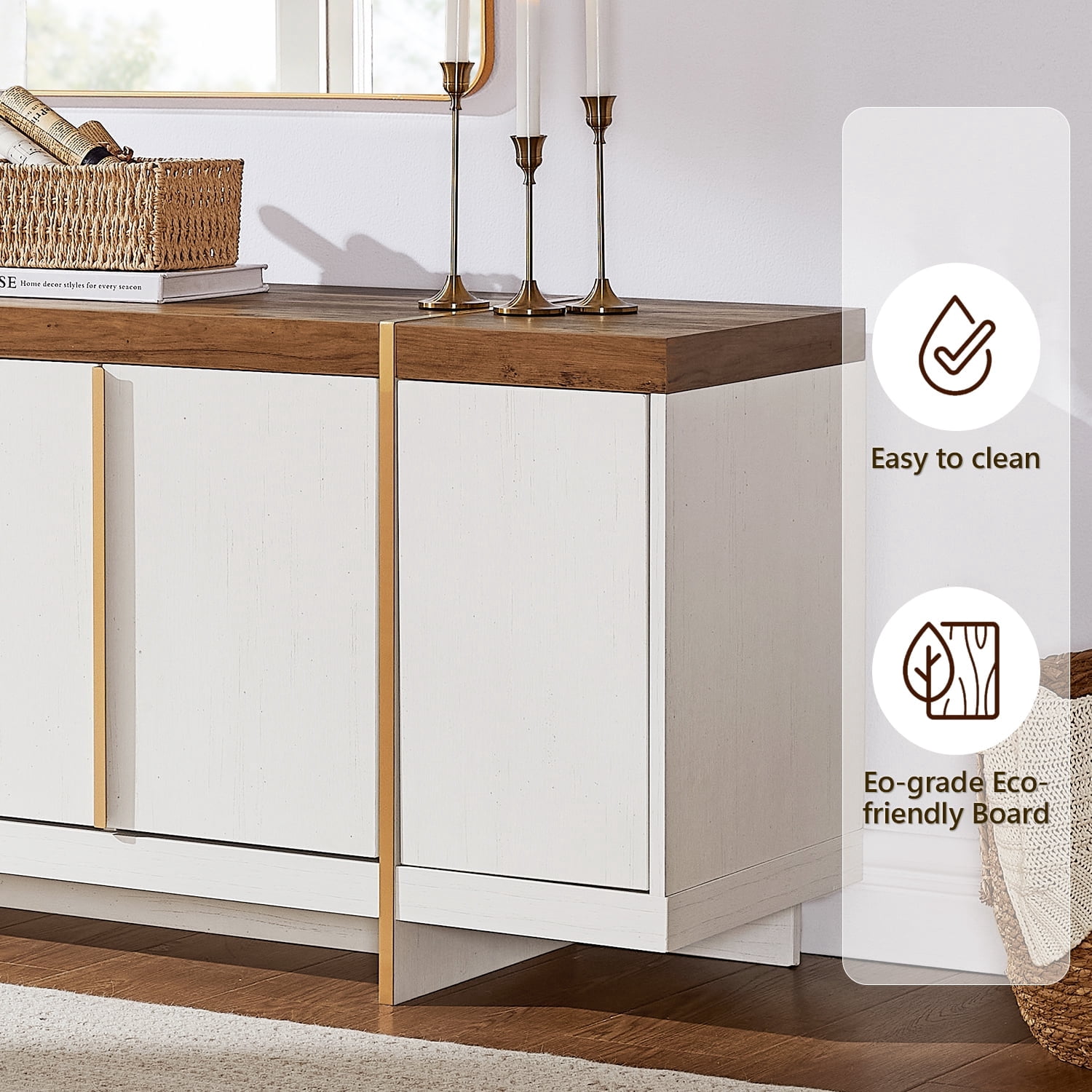 KeyWhat TV Stand for TVs Up to 80", Modern Entertainment Center with Storage, TV Console with Handle-Free Hidden Doors Design for Living Room, Antique White