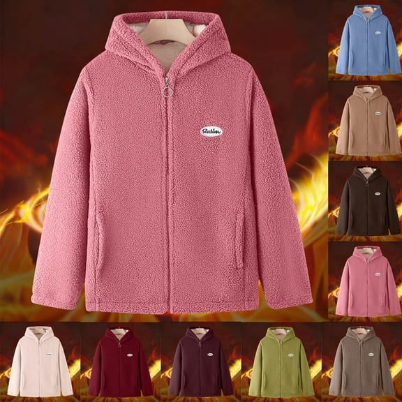 FRSASU Women Fleece Jacket Plus Size Fashion Casual Zipper Loose Long Sleeve Solid Color Plush Hooded Coat Wine
