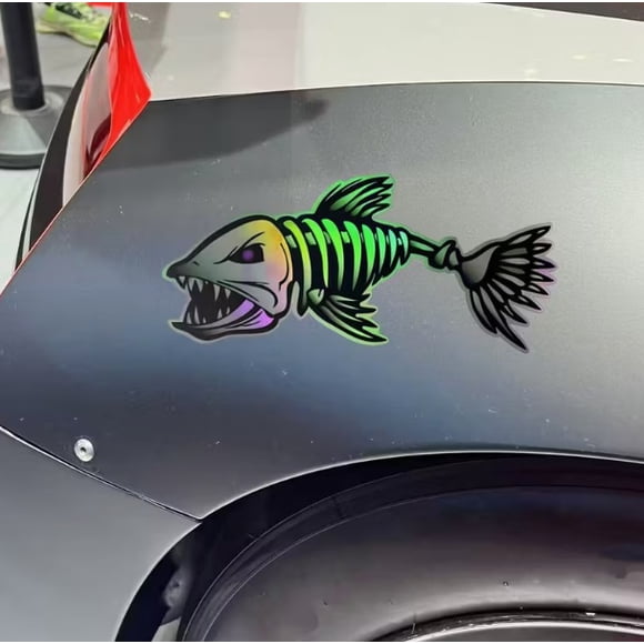 Random 1 set of fishbone pattern vinyl holographic reflective stickers, suitable for kayaks, fishing vehicles, bicycles, motorcycles, trucks, fuel tank caps, car window stickers, notebook decorations