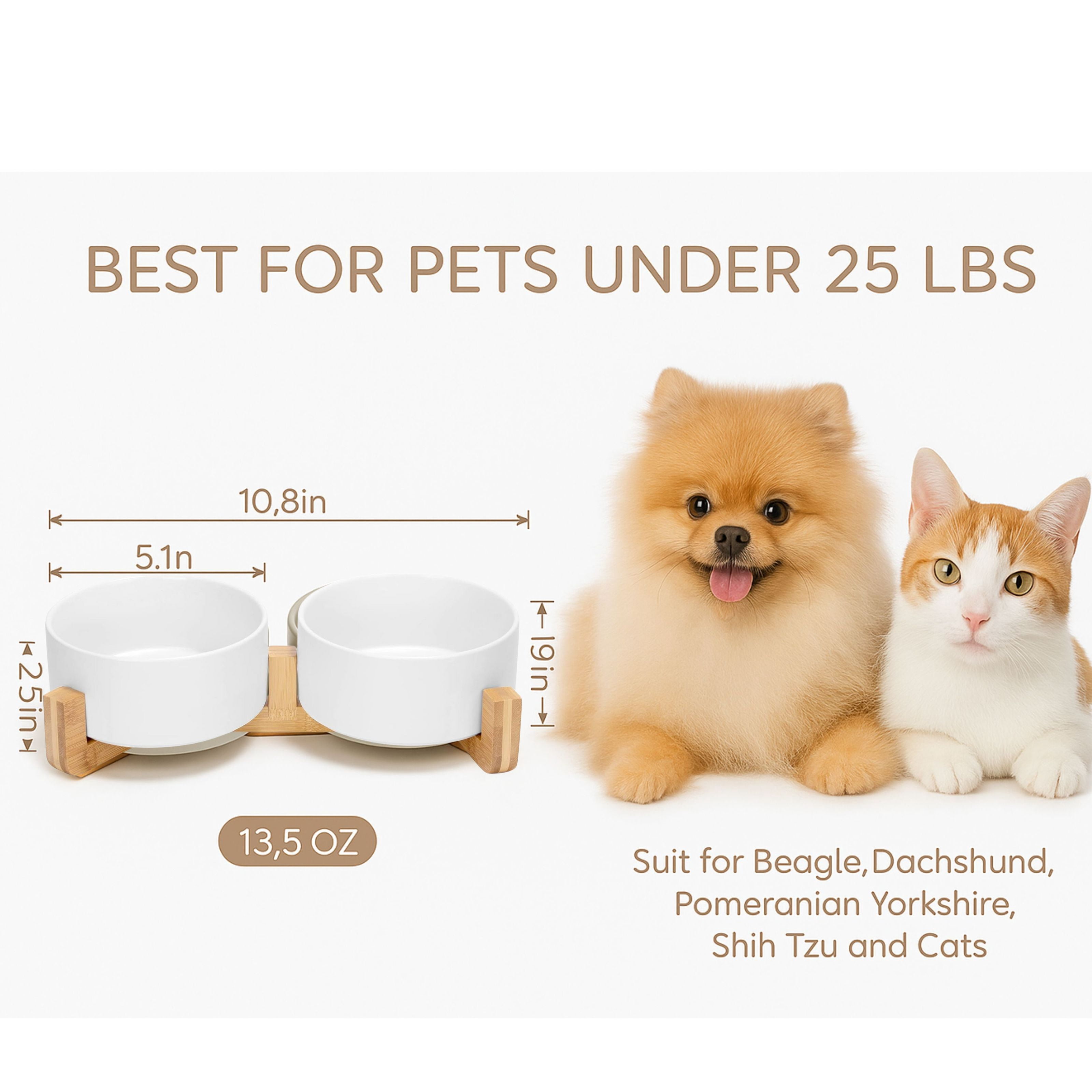 Ceramic Dog and Cat Bowl Set with Bamboo Stand, 13.5oz Tilted Non-Slip Elevated Pet Feeder for Small Dogs & Cats, Dishwasher Safe Food and Water Bowls