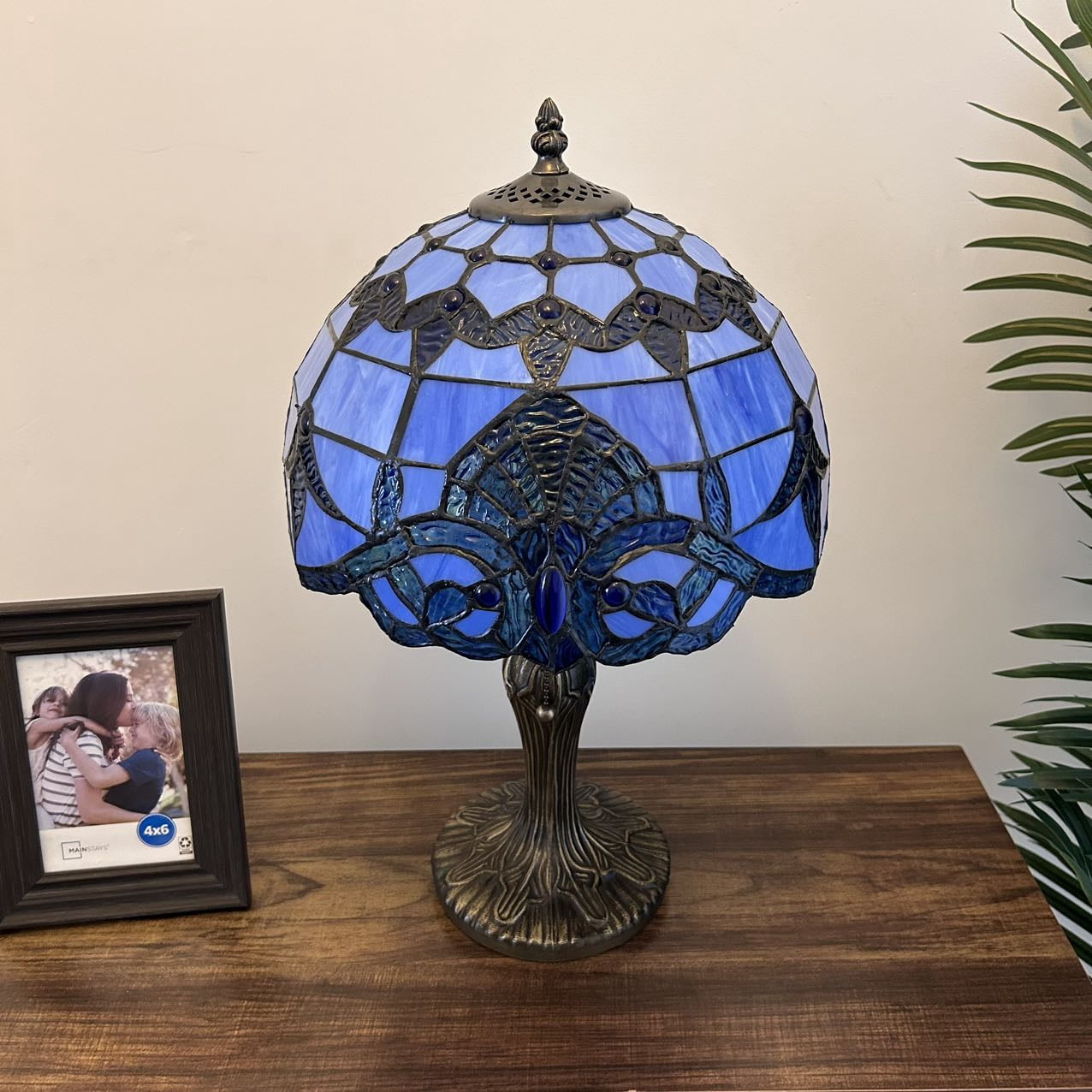 Tiffany Table Lamp Blue Stained Glass Baroque Style LED Bulb Included for Living Room Bedroom Bedside 12'W*12"D*19"H