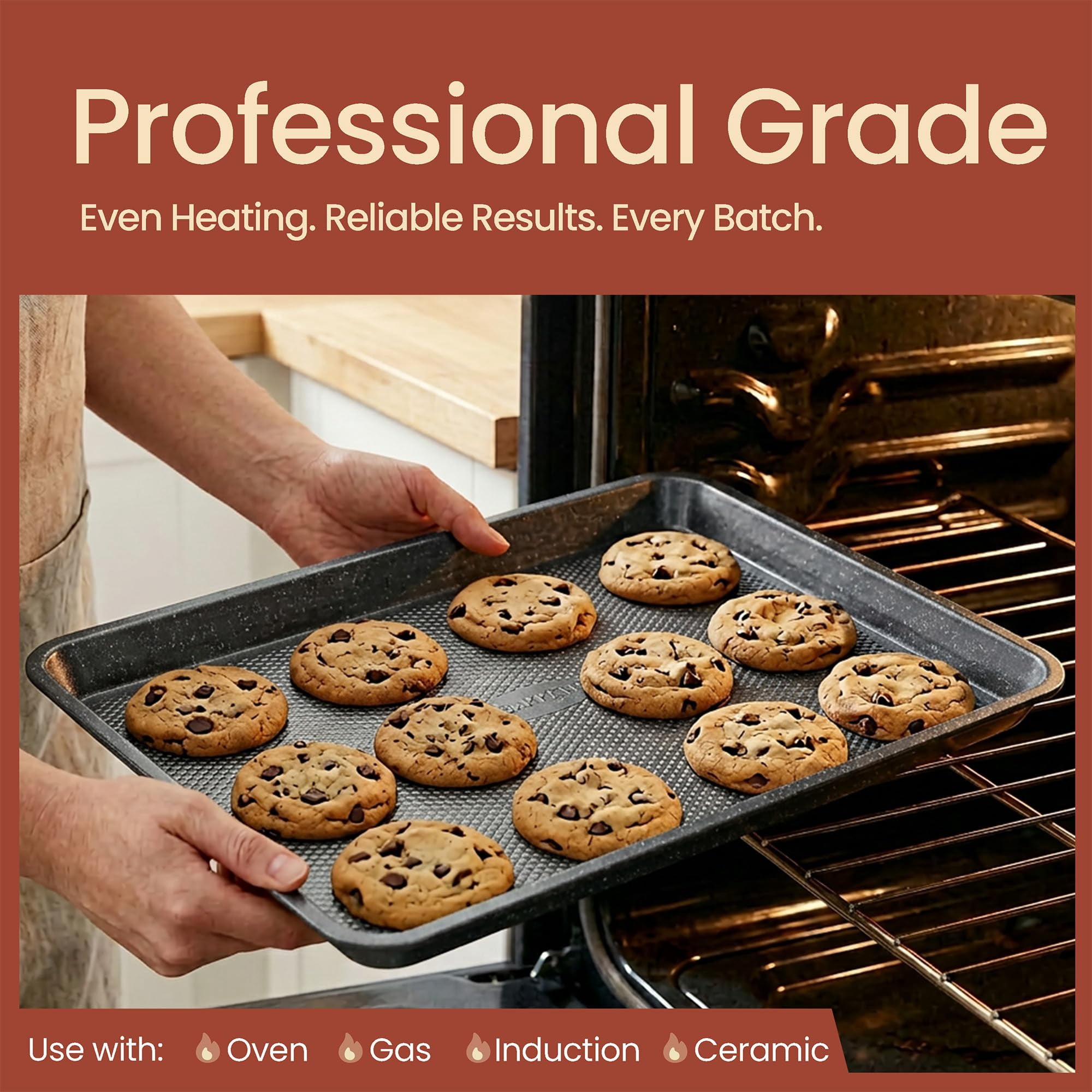 BAKKEN Baking Pans - Small, Medium, & Large Cookie Pan Nonstick, Diamond Texture Bottom, Oven Safe (450°F), Pack of 3, Gray Marble