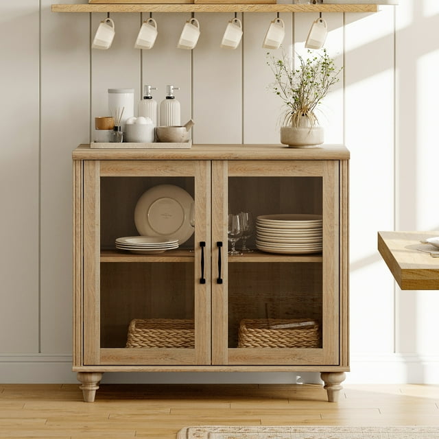 WAMPAT Buffet Server Table, Accent Sideboard with Storage & Glass Door,Console Table for Kitchen, Dining Room, and Living Room, Oak, 33.9"