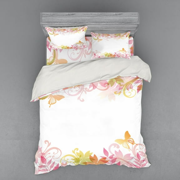 Ambesonne Pastel Bedding Set 4 Pcs, Floral Spring Wreath, Queen, Pale Pink Ginger