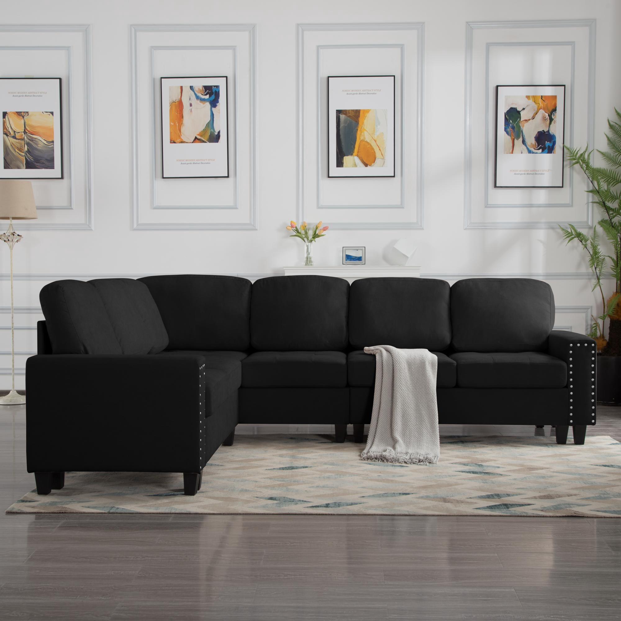 Gewnee 108" High Backrest Sectional Sofa&Couch,L-Shape Sectional Sofa Convertible Left or Right Chaise,Linen Blend，Ding Head Design,6-Seater Seating and Suitable for Living Room.(Black)