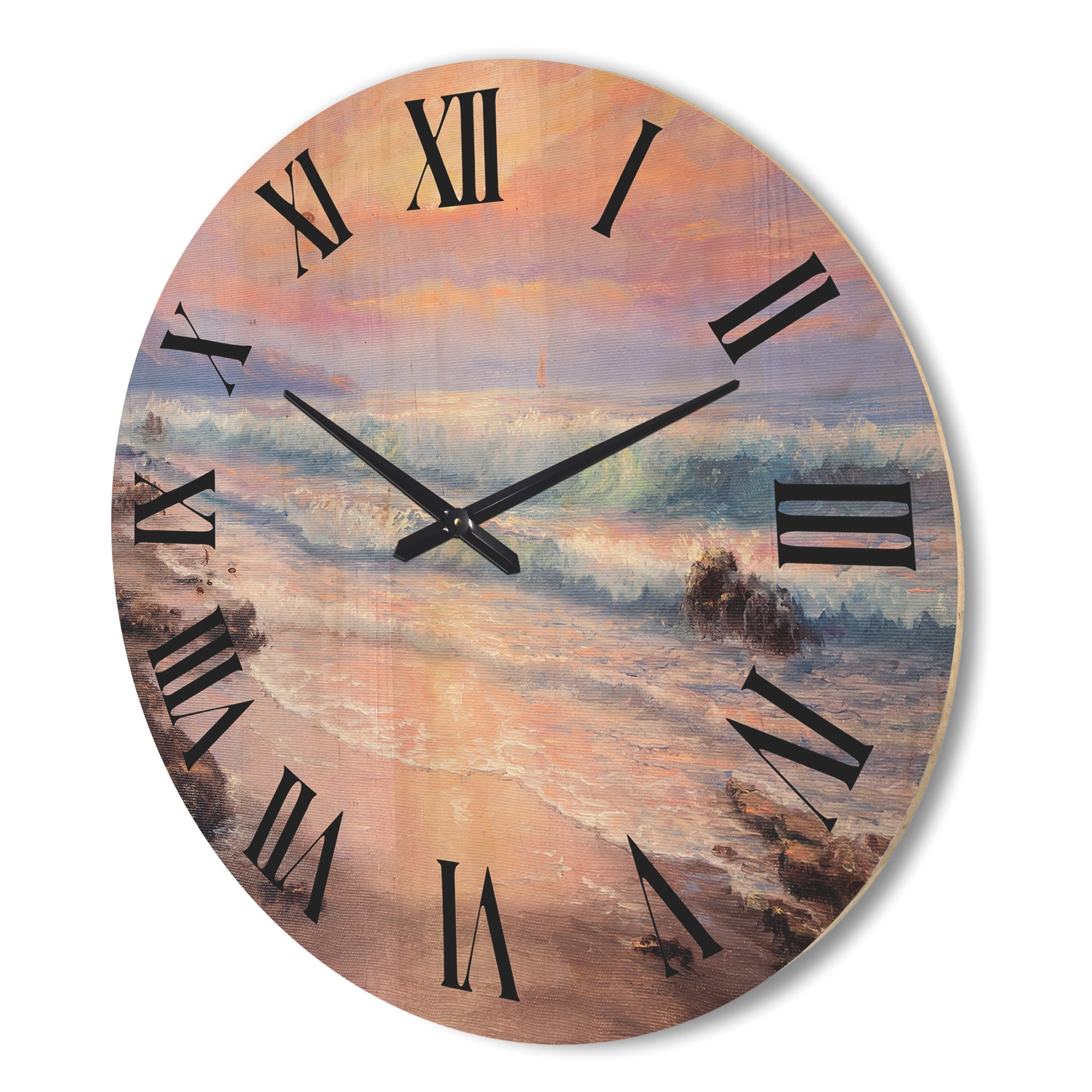 Designart 'Pastel Purple Sunset Glow Over Incoming Ocean I' Nautical & Coastal Wood Wall Clock