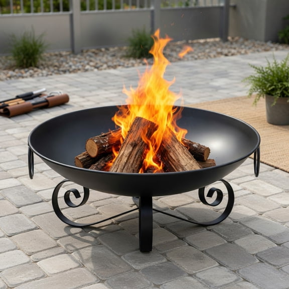 Spaco 24" Heavy-Duty Metal Outdoor Fire Pit Bowl with Carry Handles, Rust-Resistant Wood-Burning Backyard, Beach & Camping Firepit, Black