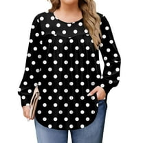 Xyxonk Oversized Tshirts for Women Long Sleeve T Shirts Pleated Round Neck Loose Fit Blouses Winter Business Geometric Print Outfits L-5X