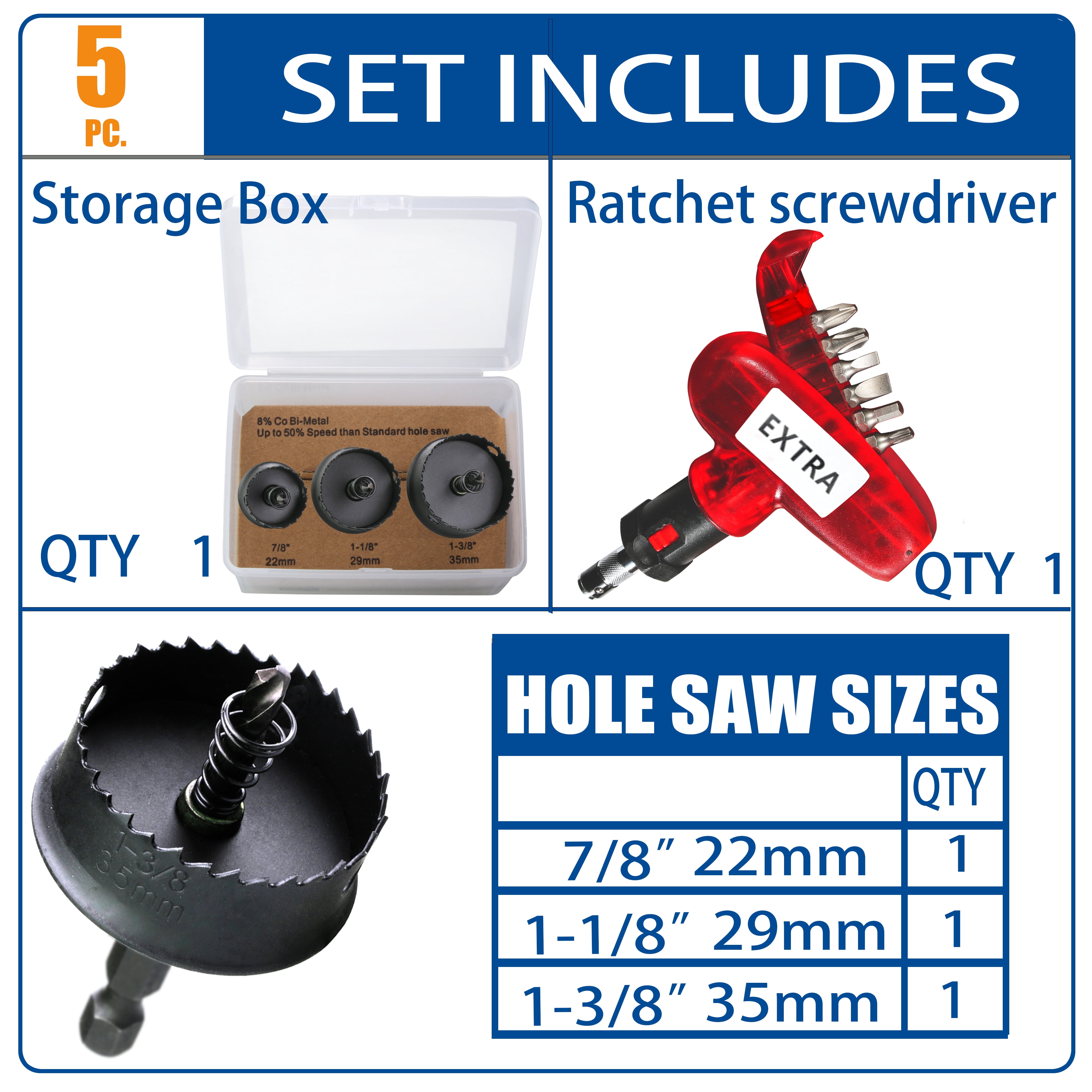 WOWSUPM 7/8, 1-1/8, 1-3/8” Thin-wall HSS Bi Metal Hole Saw Cutter 3pcs Sheet Steel Hole Saw for Impact Driver Plastics Sheet Metal Wood Stainless Steel