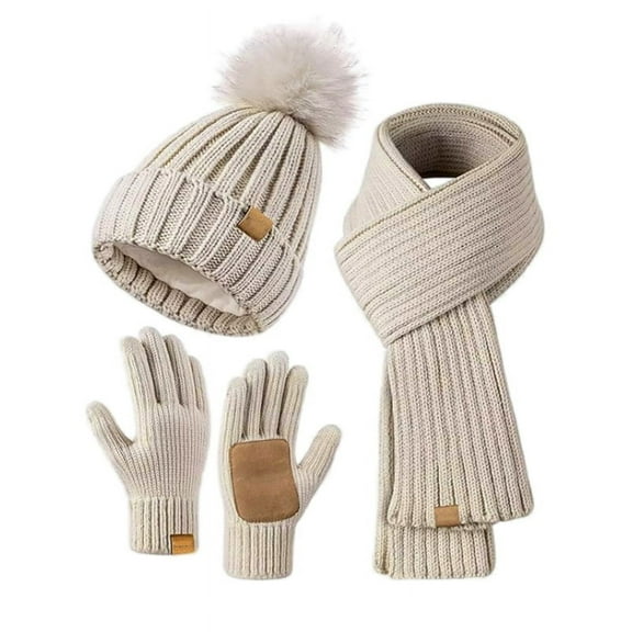 Winter Hat Scarf Gloves Set for Women, Gloves with Pom Pom Beanie and Long Scarf, Stylish 3 in 1 Winter A