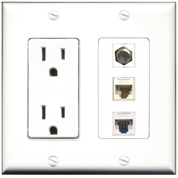 RiteAV - 15 Amp Power Outlet 1 Port Coax 1 Port Cat5e Ethernet White 1 Port Cat6 Ethernet Ethernet White Decorative Wall Plate