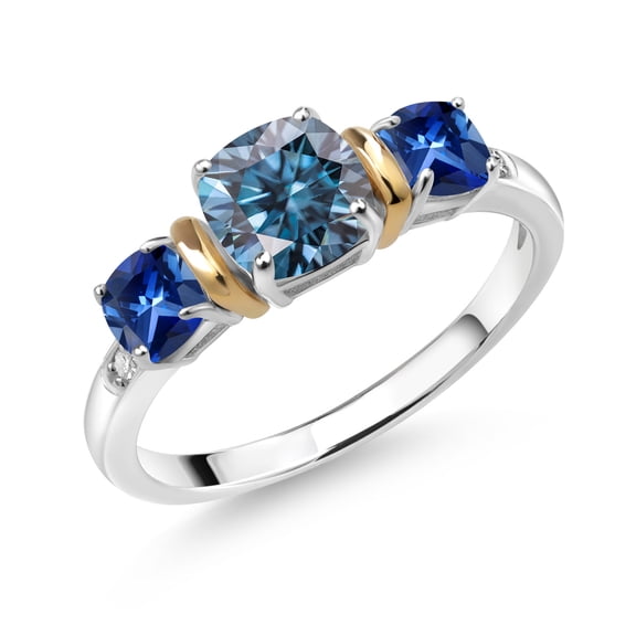 Gem Stone King 925 Silver and 10K Yellow Gold 3-Stone Diamond Ring Cushion Persian Blue Moissanite and Created Sapphire Blue (1.71 Cttw, Size 9)