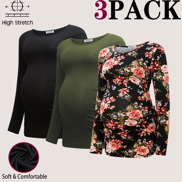 Bearsland Women's Long Sleeve Maternity Shirts Side Ruched Tops Pregnancy Clothes 3-Pack
