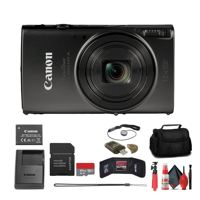 Canon PowerShot ELPH 360 HS Digital Camera 12x Zoom Black Bundle 64GB Kit (International Model)