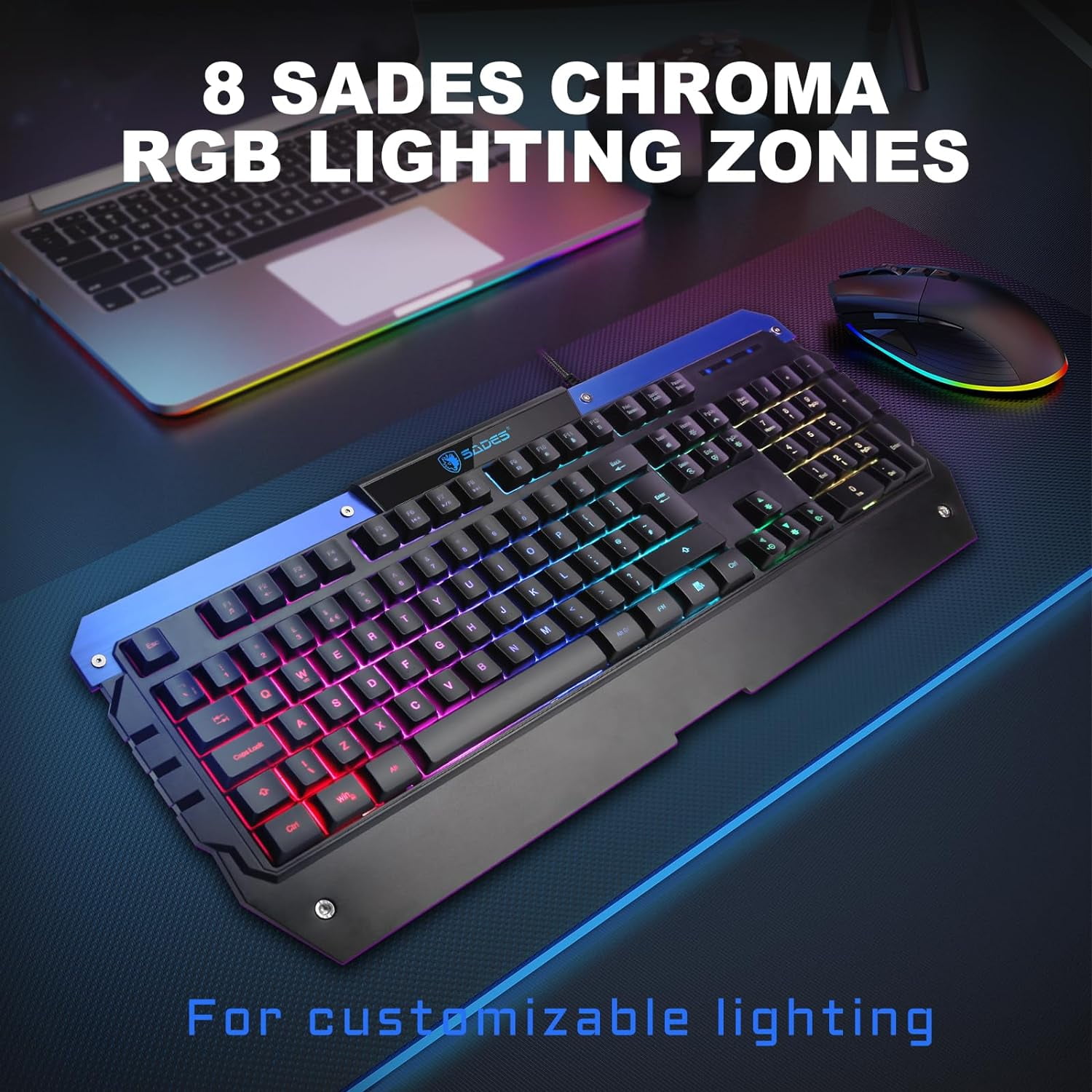 SADES Battle Ram Gaming Keyboard And Mouse: Low Profile Backlit RGB - Full Size - Wired Light Up USB - Waterproof Membrane - Ergonomic Wrist Rest Gaming Keyboard With Included Mouse Pad