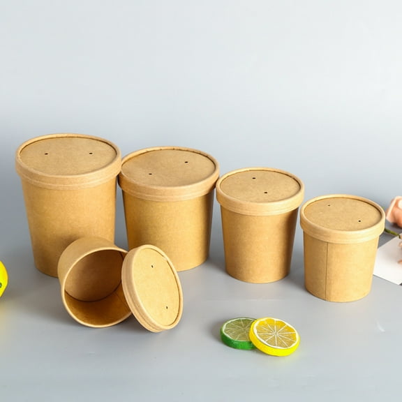 Masteelf Kraft Paper Soup Cup 12 Oz Disposable Beige TakeOut Food Barrel with Lids 50 Pcs
