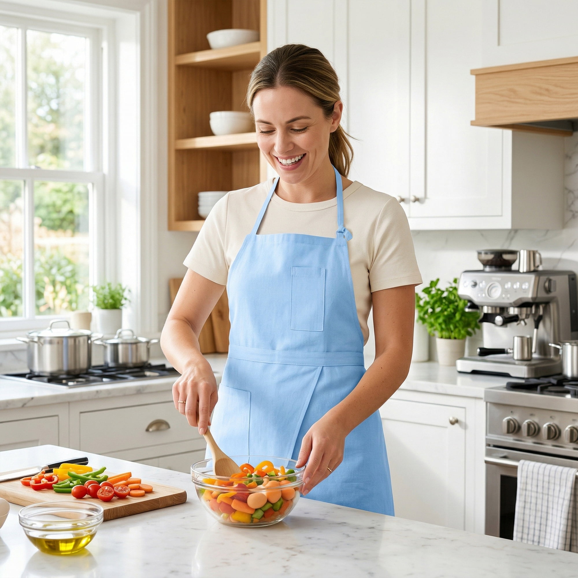 Unique Bargains Farmhouse Durable Cotton Apron with Pockets 32.4x31.9in Azure
