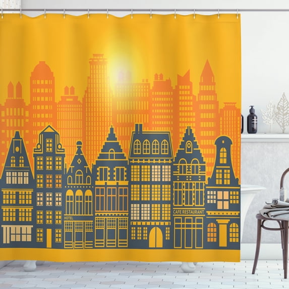 Amsterdam Shower Curtain, Urban Lifestyle Illustrated Artistically, Fabric Bathroom Set with Hooks, 69W X 84L Inches Extra Long, Earth Yellow Slate Blue Burnt Sienna Pastel Yellow, by Ambesonne