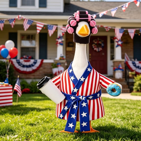 erdimoy 4th of July Patriotic Goose Outfit Set, Independence Day American Flag Robe & Curler Headwear for Porch Goose Statues