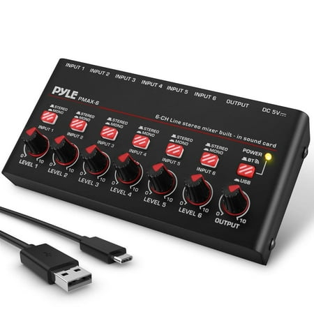 6-Channel Wireless BT Streaming Mini Line Mixer with USB Audio Interface - 6 Mono/Stereo Switching Inputs
