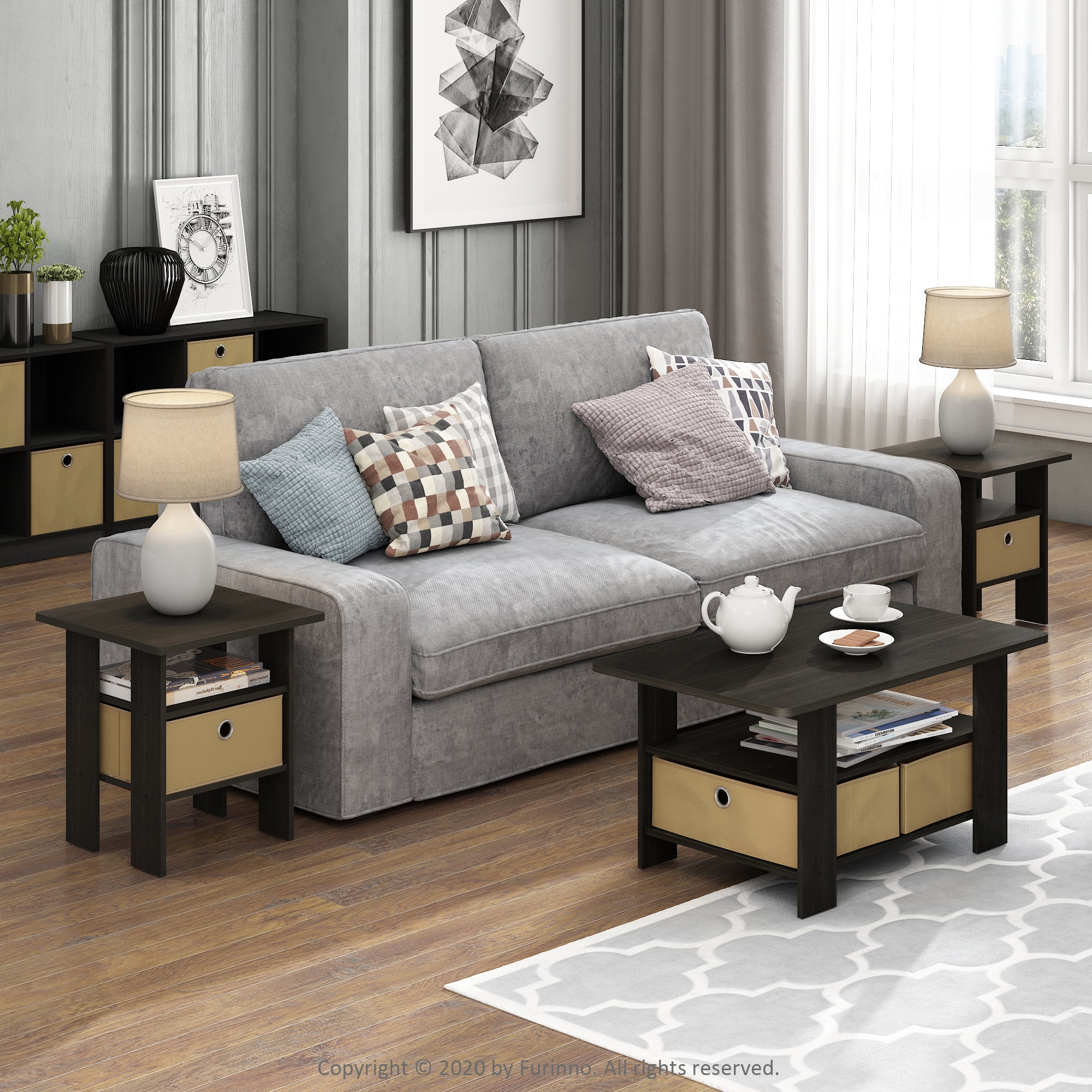 Furinno Andrey Coffee Table with Bin Drawer, Black/Beige