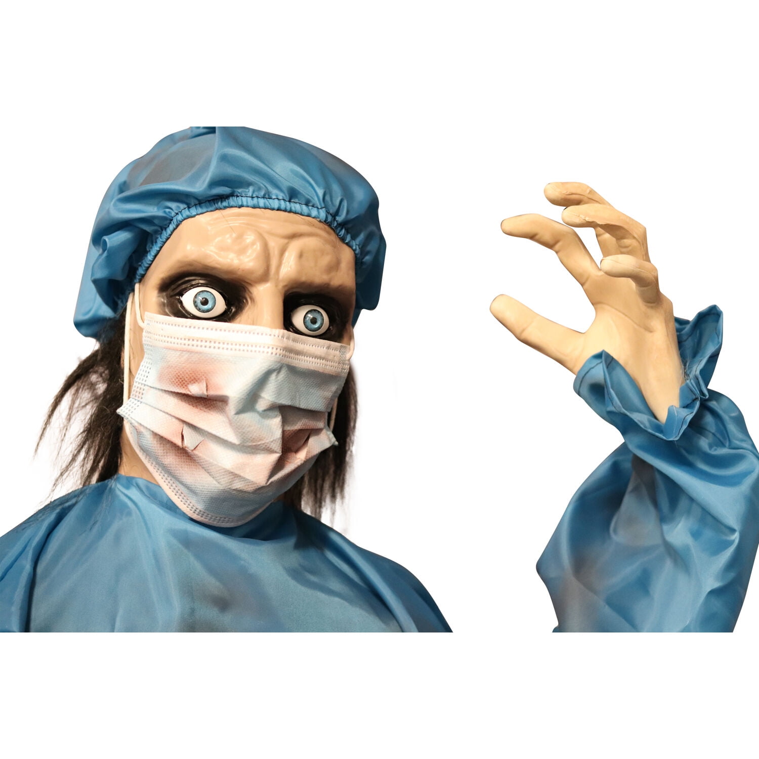 Haunting Sound Effects HHDOC-2FLSA Battery-Operated Flashing Red Eyes Stand or Hanging Halloween Prop Haunted Hill Farm 5.5 ft Halloween Decoration Animatronic Surgeon in Blue Scrubs 