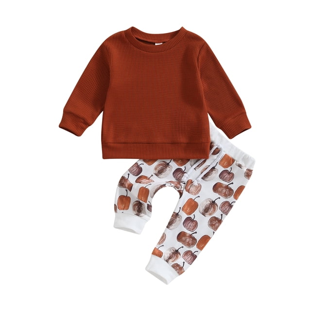 Faithtur Toddler Girls Halloween Pants Sets Solid Color Long Sleeve Tops Pumpkin Print Drawstring Pants Sets