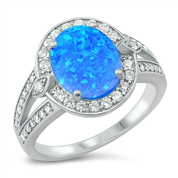 Oval Blue Simulated Opal Cubic Zirconia Cluster Split Shank Ring Sterling Silver Size 5