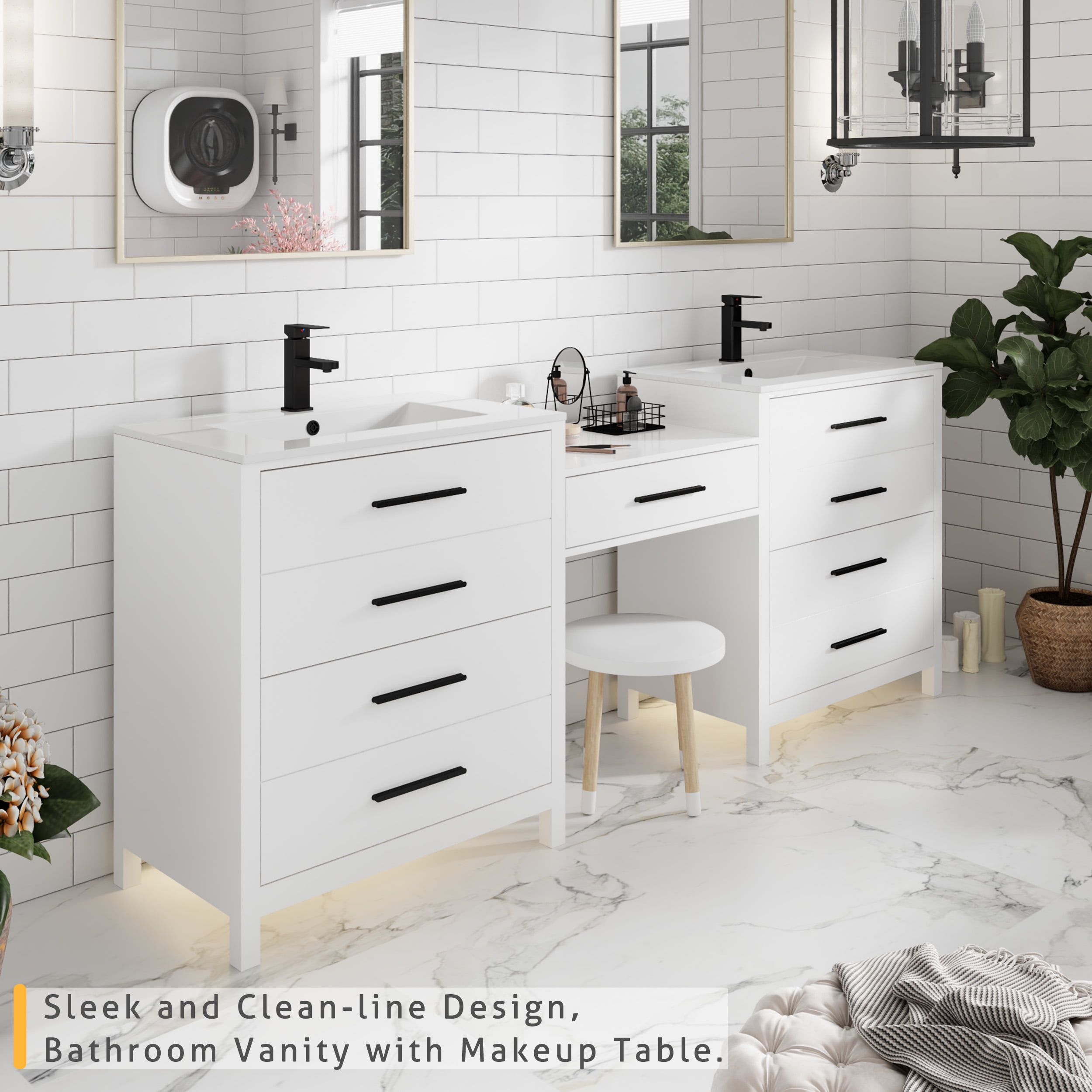 Eclife 84-Inch White Double Sink Bathroom Vanity with Makeup Countertop