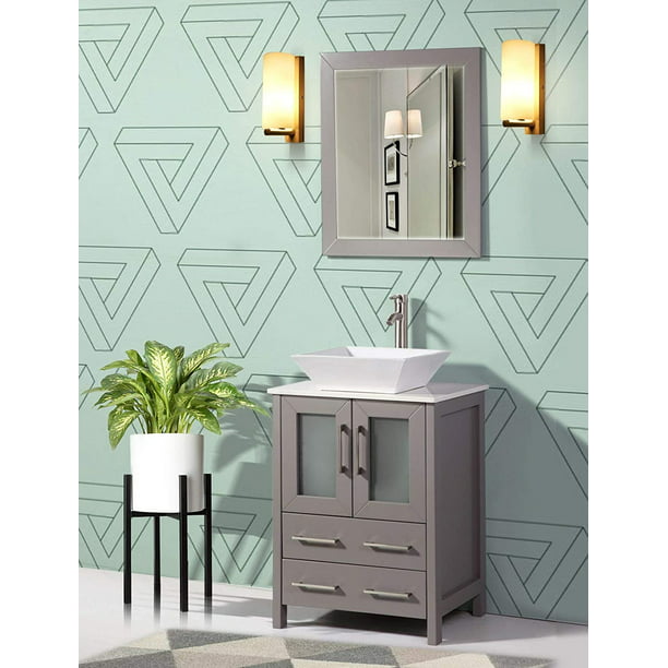 Ceramic Vessel Sink Bathroom Cabinet, 24 Gray Bathroom Vanity With Vessel Sink